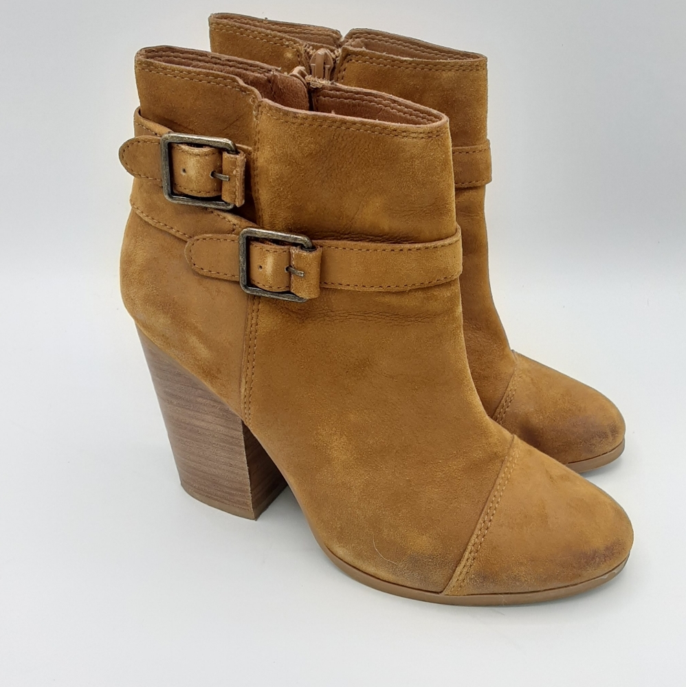 Lucky Brand Laureen Double Buckle Strap Stacked Heel Leather Bootie.